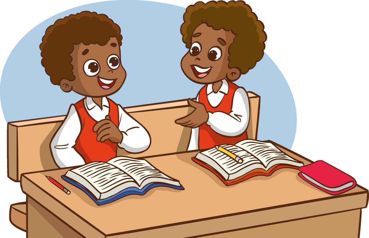 Two kids classmates sitting together at desk chatting in classroom flat illustration isolated on white. Diverse pupils at desk with school supplies and backpacks vector