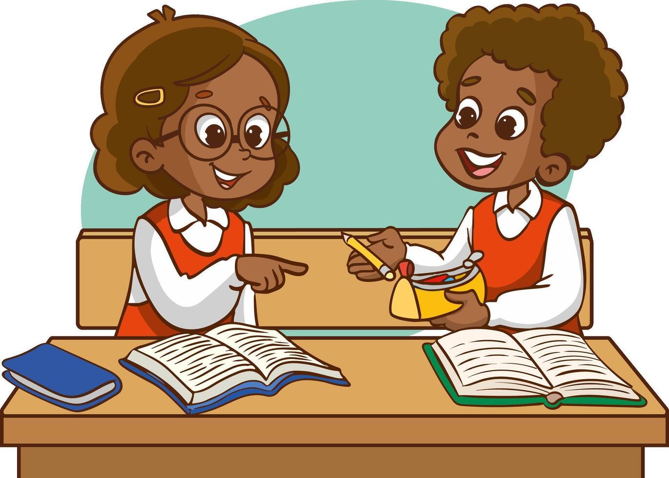 Diverse pupils at desk with school supplies and backpacks vector