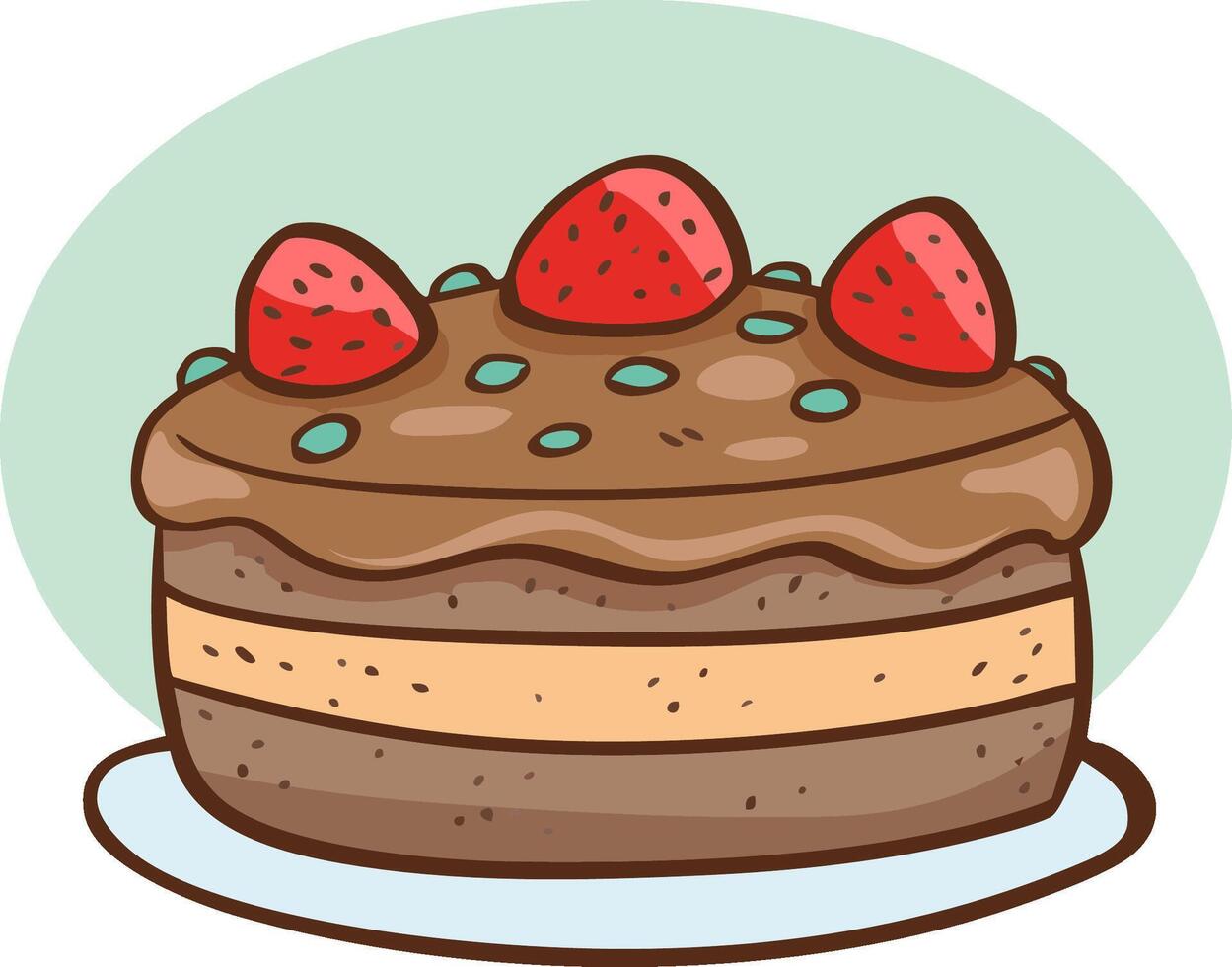 illustration of chocolate cake with strawberries on top, top view vector
