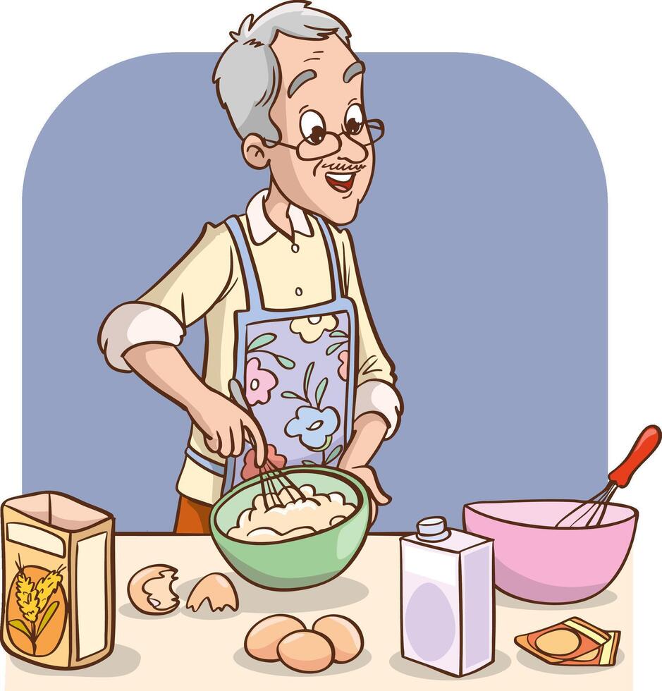 Grandfather making cake or bread in the kitchen illustration vector