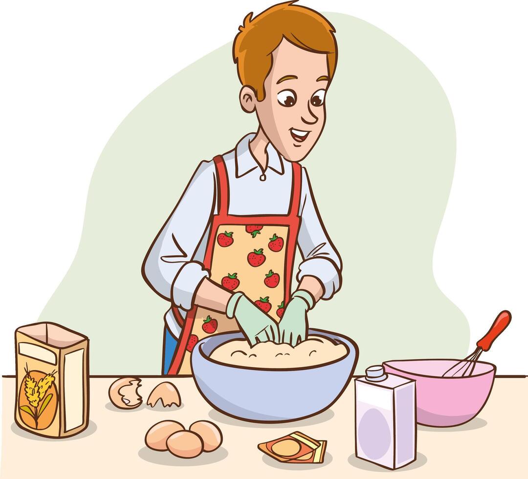 illustration of man making cake or bread in the kitchen vector