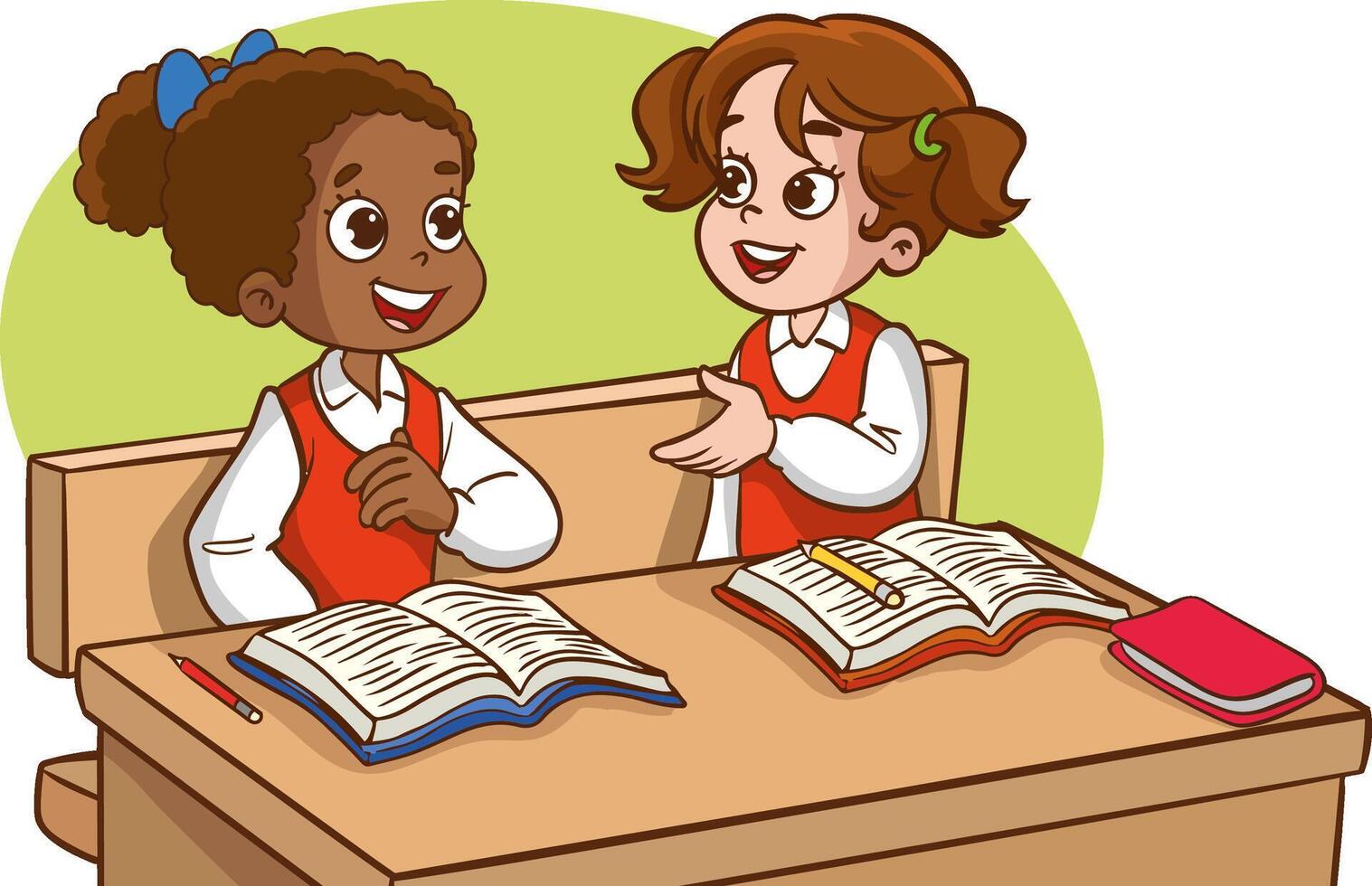 Two girls classmates sitting together at desk chatting in classroom flat illustration isolated on white. Diverse pupils at desk with school supplies and backpacks vector