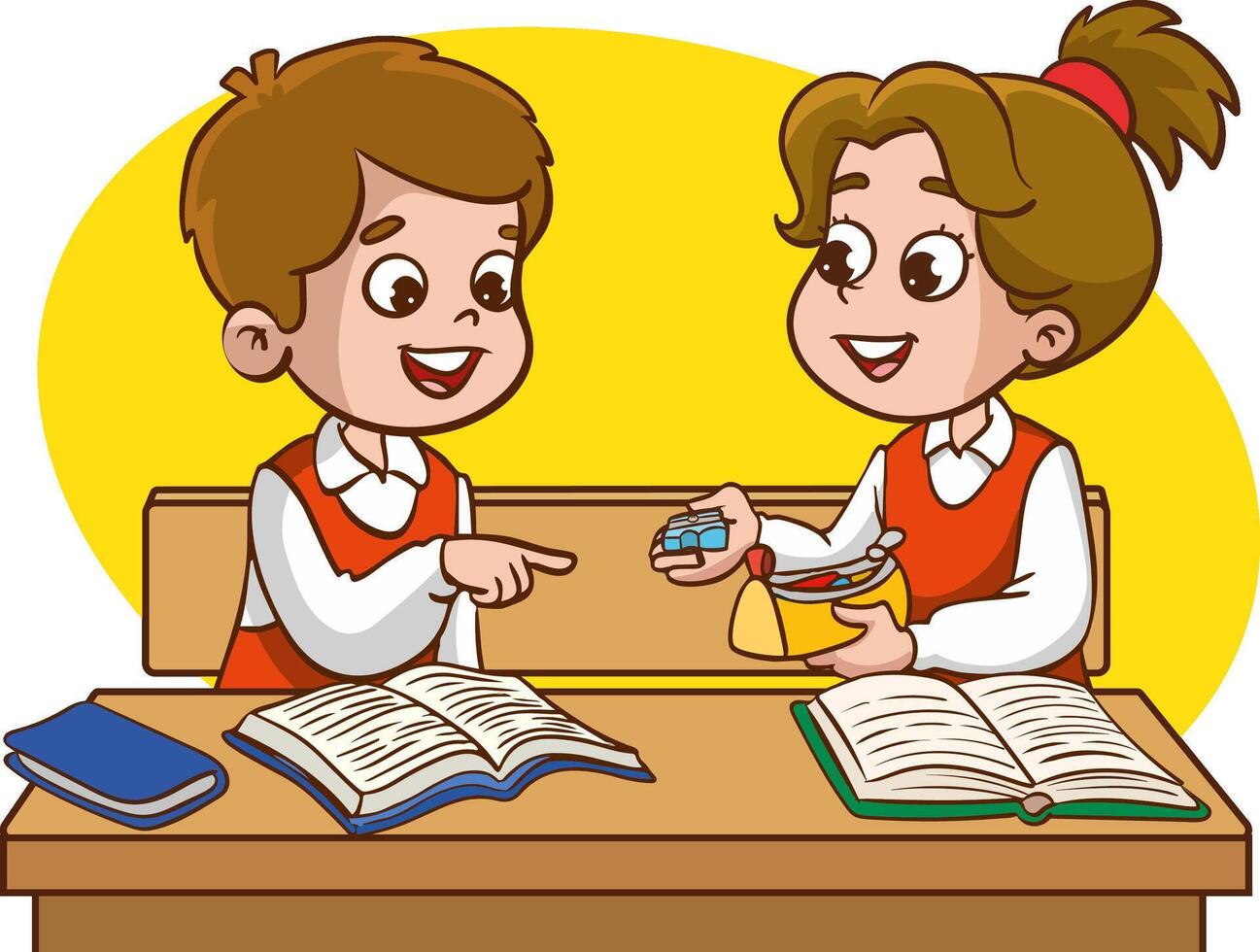 Two children classmates sitting at desk in classroom and chatting, Various students sitting at desk with school supplies and backpacks vector