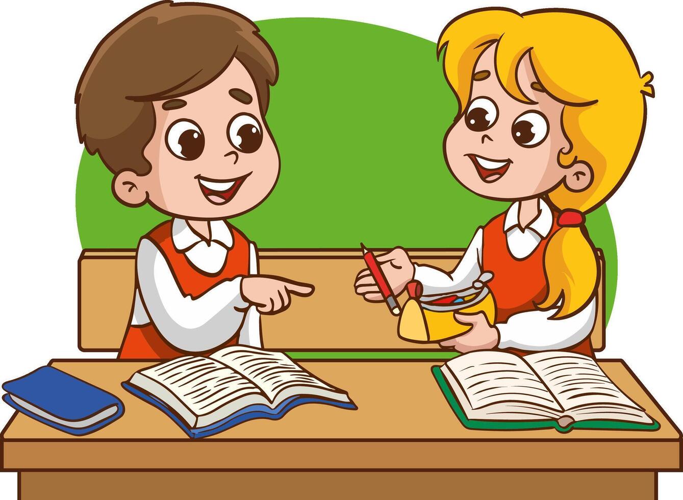 kids classmates sitting at desk in classroom and chatting, Various students sitting at desk with school supplies and backpacks vector