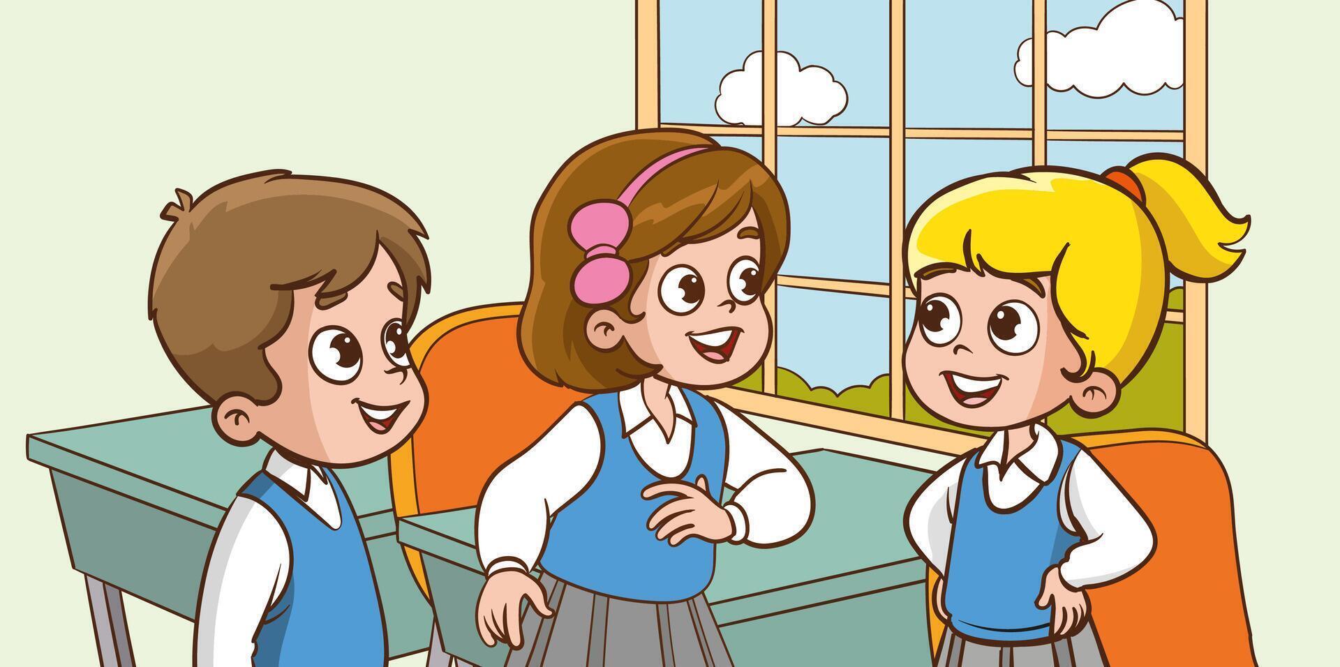 illustration of cute group of students talking in classroom vector