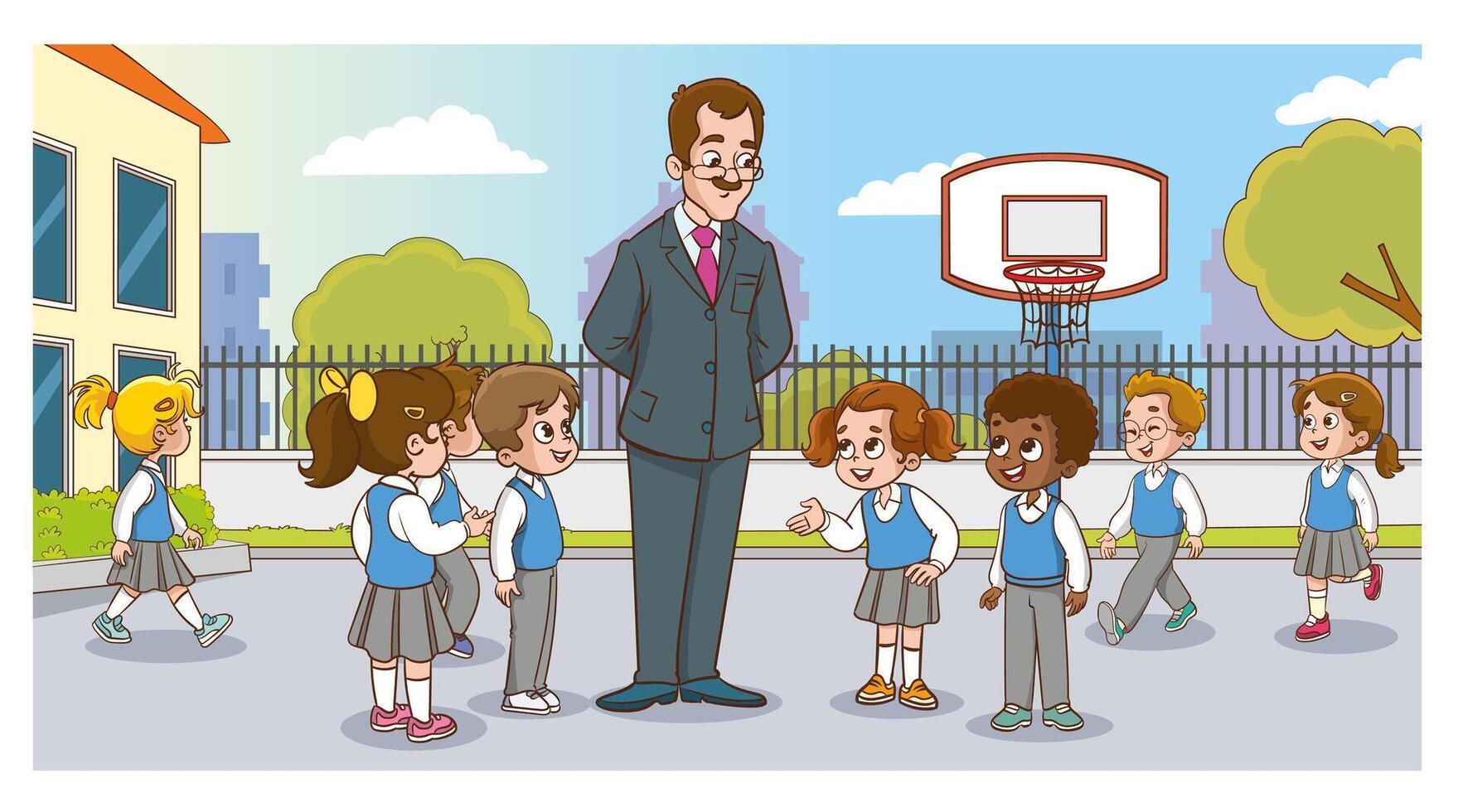 At school, the teacher and cute students are chatting. vector