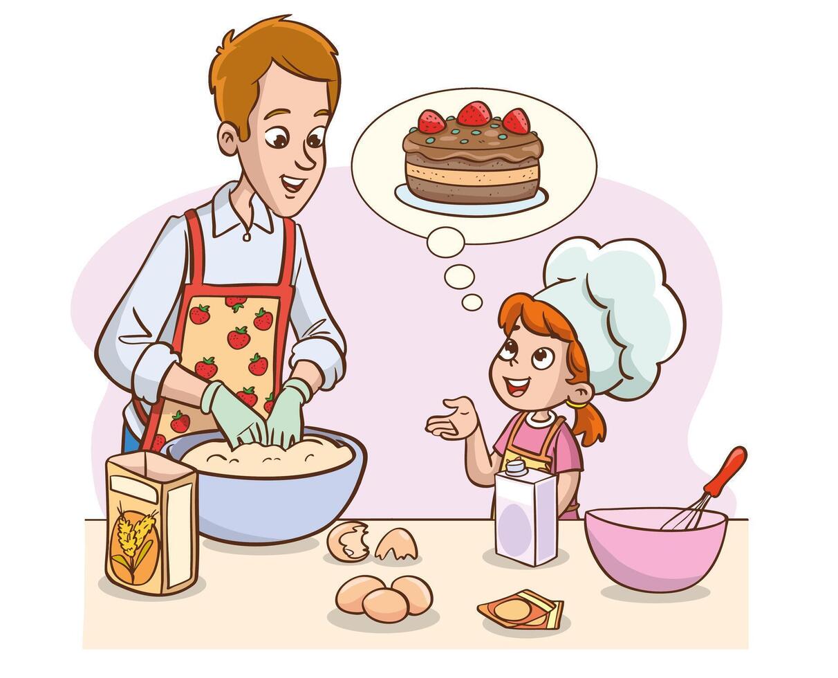 illustration of father and daughter making cake or bread in the kitchen vector