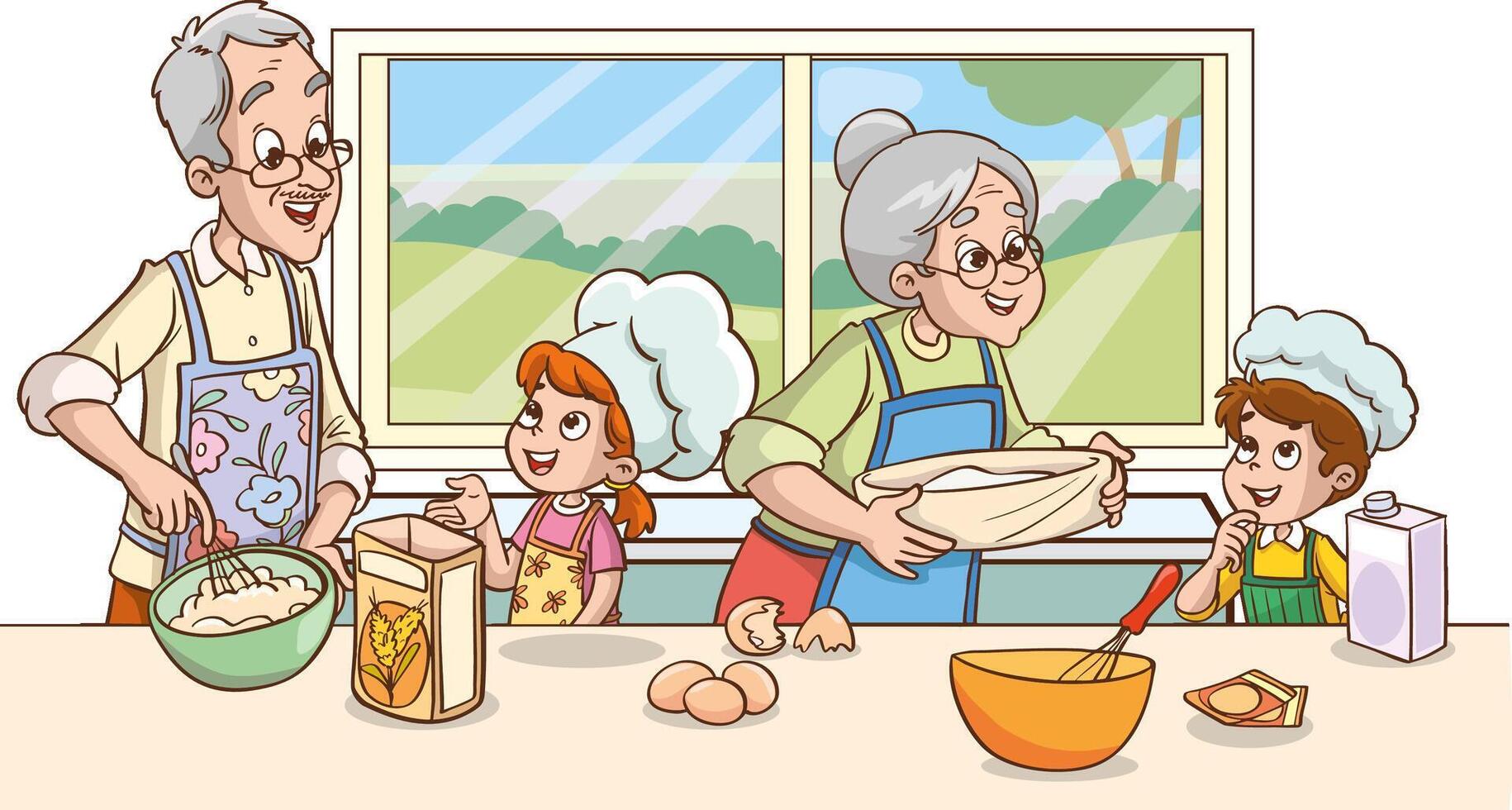 grandparent teaching his grandson how to make a cake. illustration vector