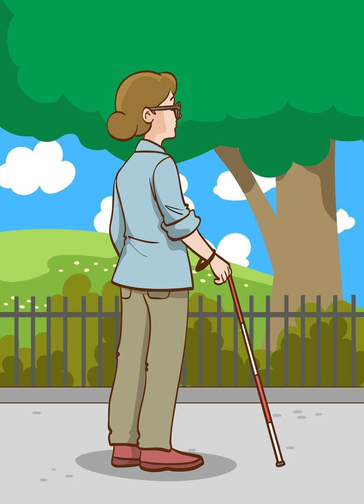 Blind Woman with a Cane illustration vector