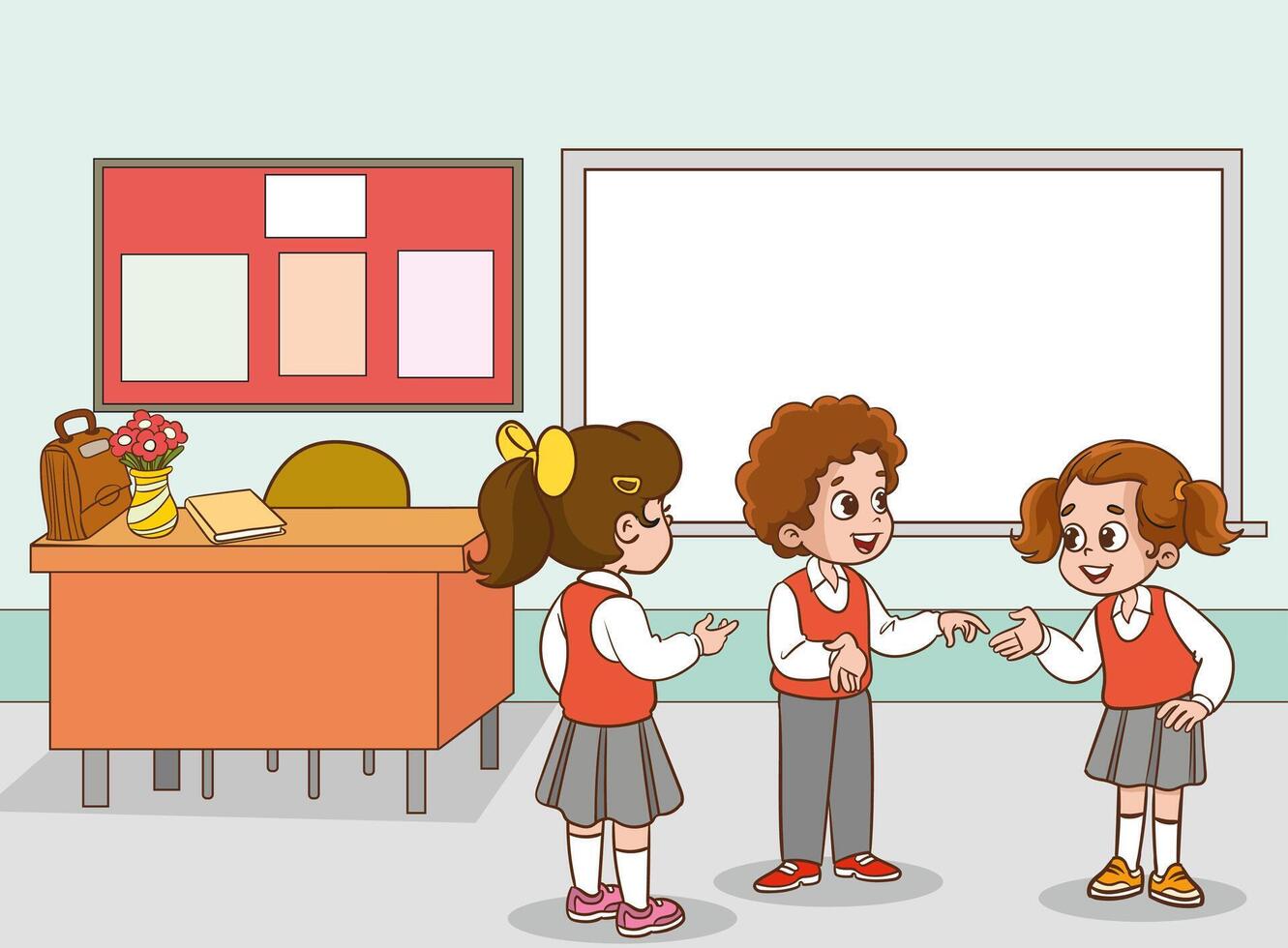 illustration of cute group of students talking in classroom. vector