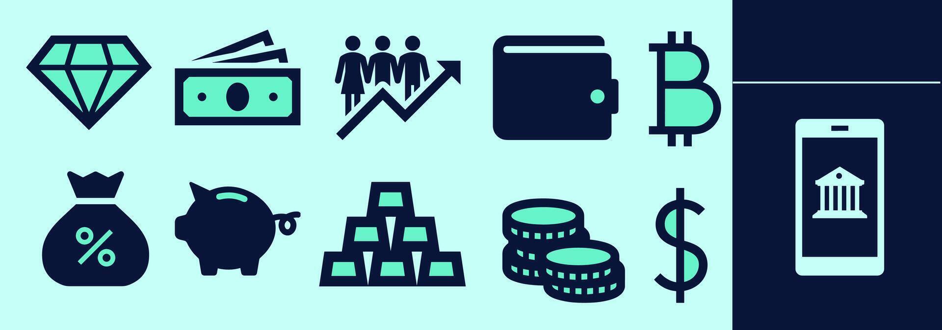 Finance icon set with wallet, bitcoin and dollar sign, coins, gold bars, piggy bank, banknotes, financial growth chart, financial phone app. Editable icon elements, size and color. vector