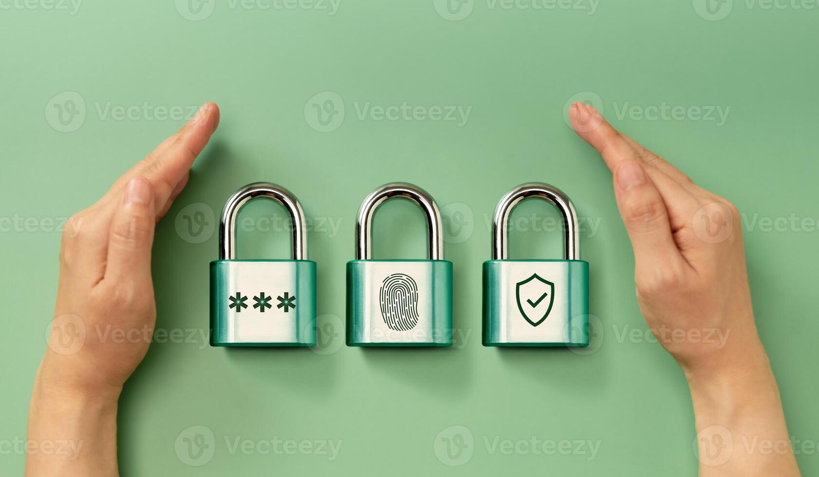 Cybersecurity Conceptual image. Hands securing padlocks representing password, fingerprint, and shield for digital authentication and multi-layered security photo