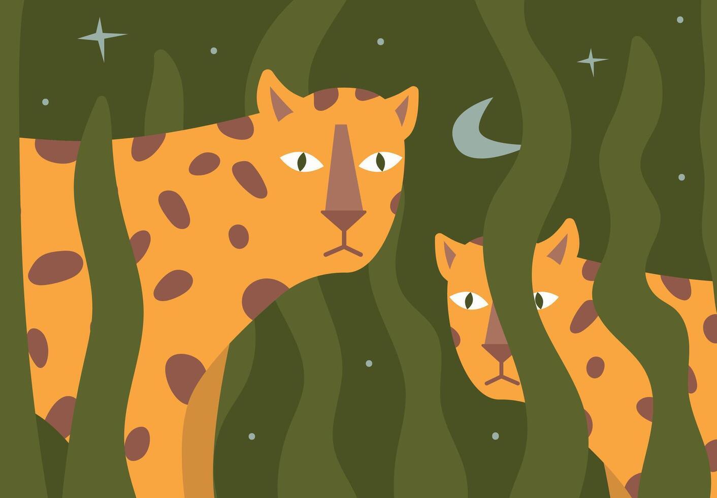 Leopards Peering Through Jungle Foliage Illustration. vector