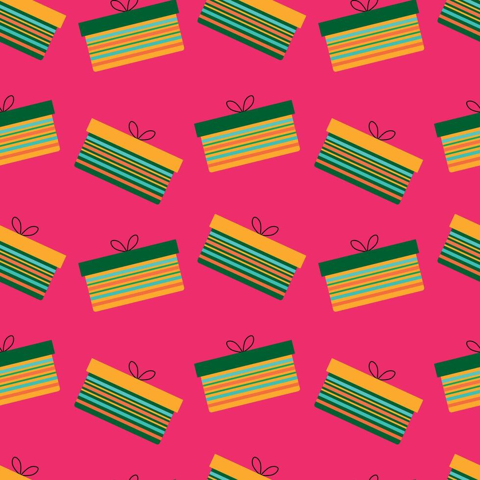 Colorful Gift Boxes Seamless Pattern in Illustration. Each box features green and yellow stripes with a bow on top, ideal for festive designs. vector