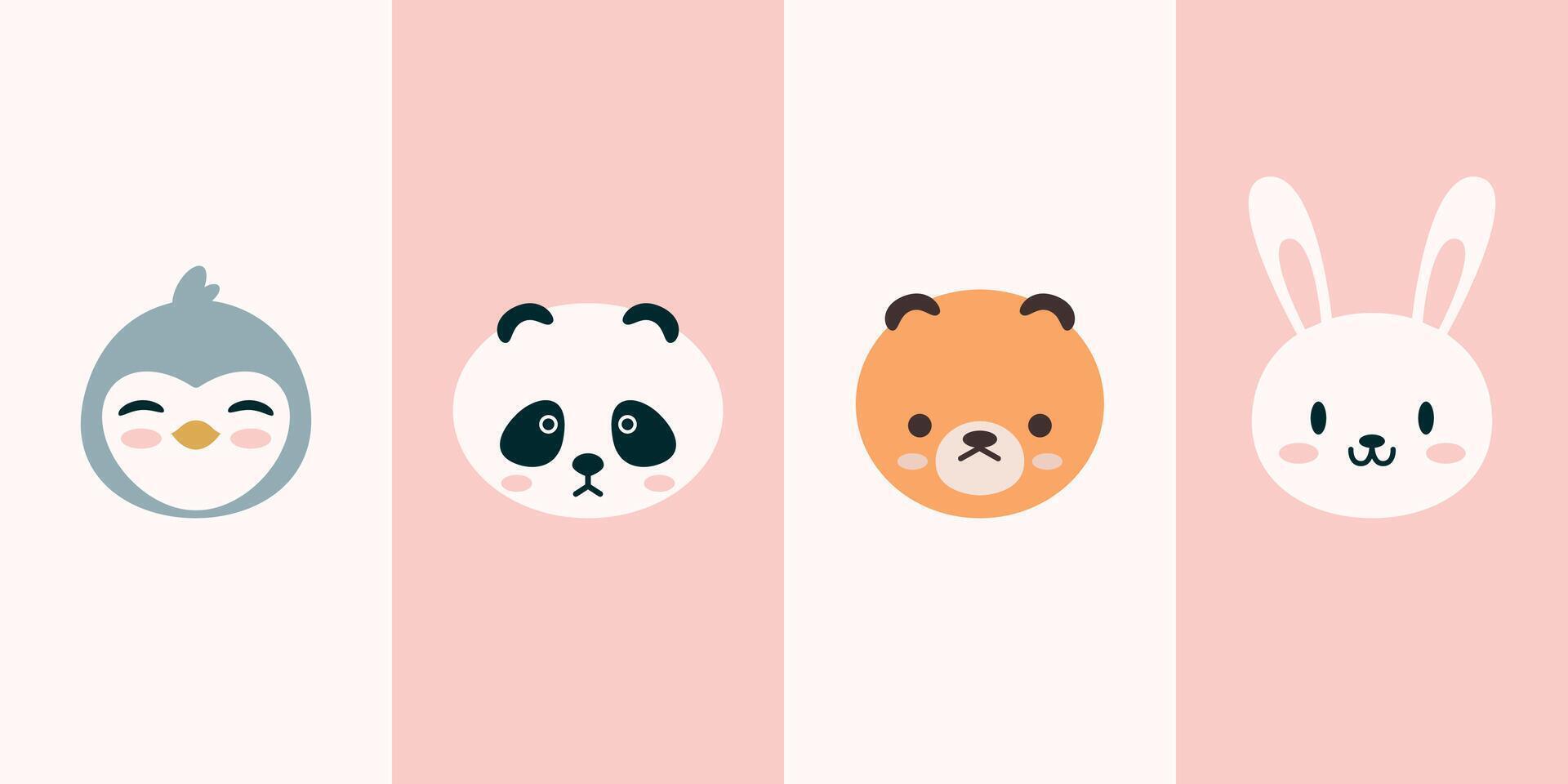 Cute animal faces illustration featuring a smiling penguin, curious panda, serious bear, and cheerful rabbit. Perfect for children's designs and educational materials. vector