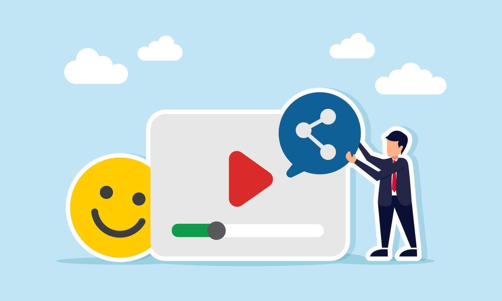 Businessman placing share icon on multimedia or social media interface near happy emoticon illustration of sharing business information or promotion gaining positive market attention vector