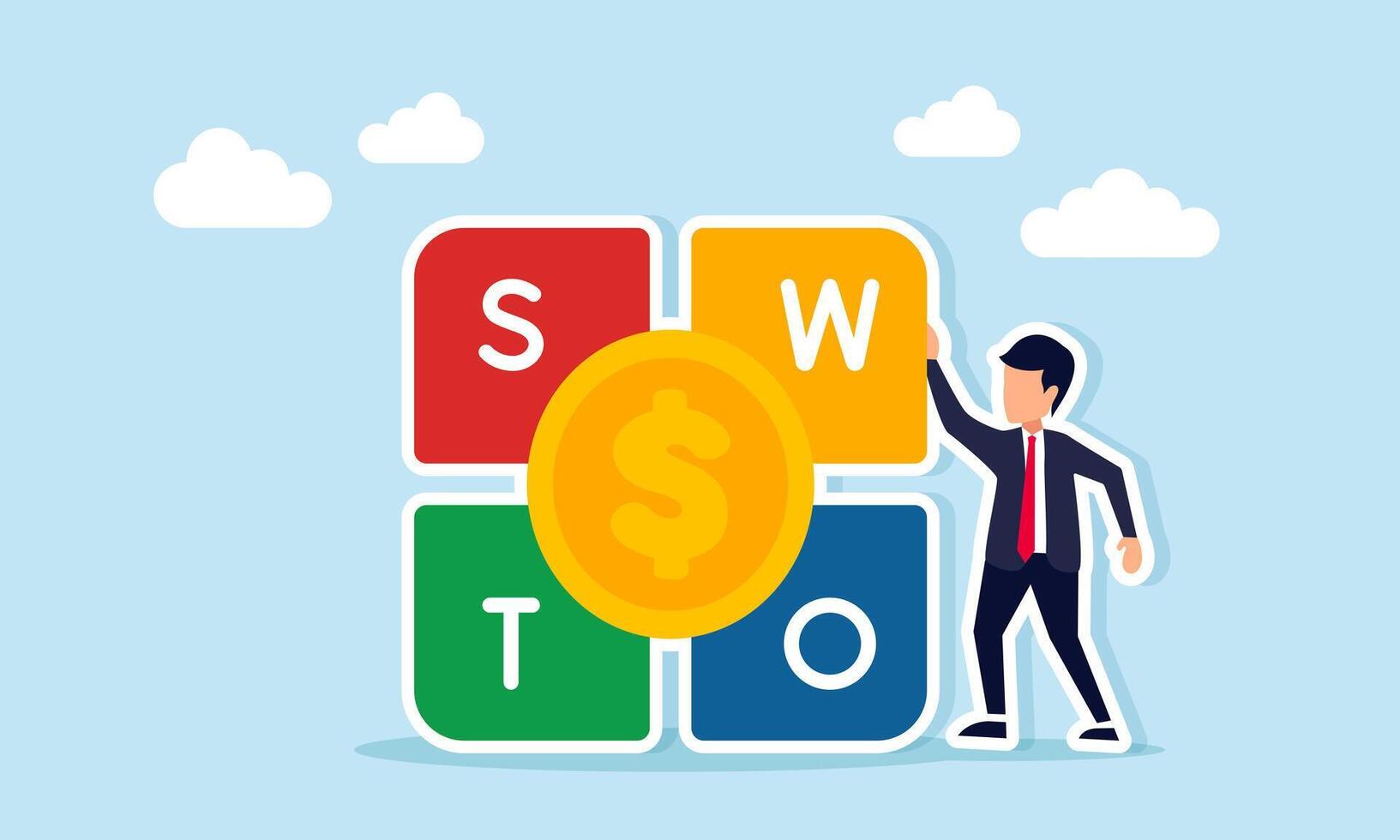 Businessman beside SWOT puzzle with dollar coin illustration of analyzing Strength Weakness Opportunities and Threats related to business financial management vector