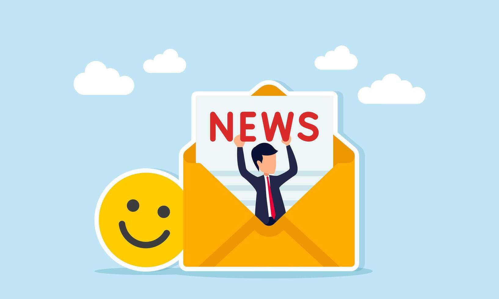 Businessman emerging from envelope near happy emoticon holding NEWS text illustration of news about business progress receiving positive response vector