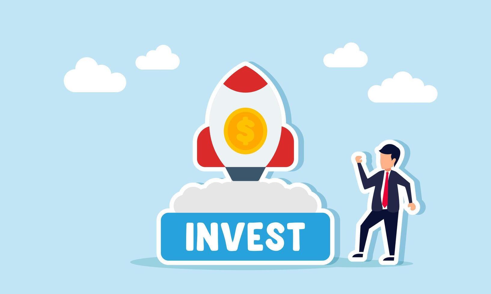 Businessman near rocket launch pad with dollar coin symbol and board labeled INVEST illustration of launching in business financial investment vector
