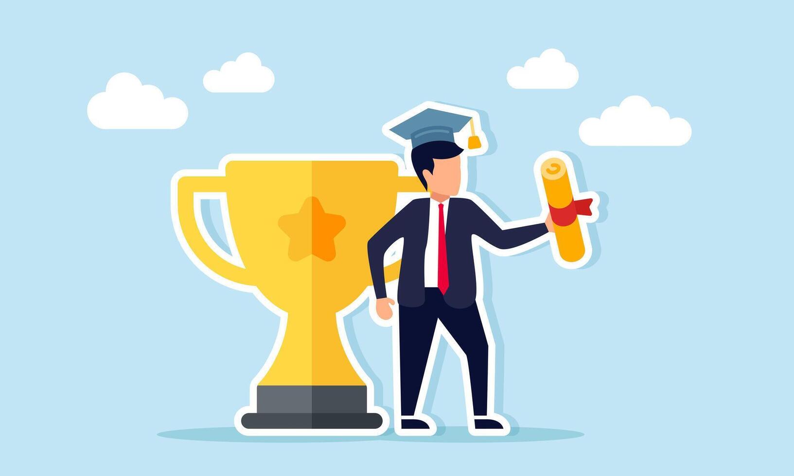 Businessman standing next to trophy wearing graduation cap and holding diploma document illustration of success in becoming a leading company vector
