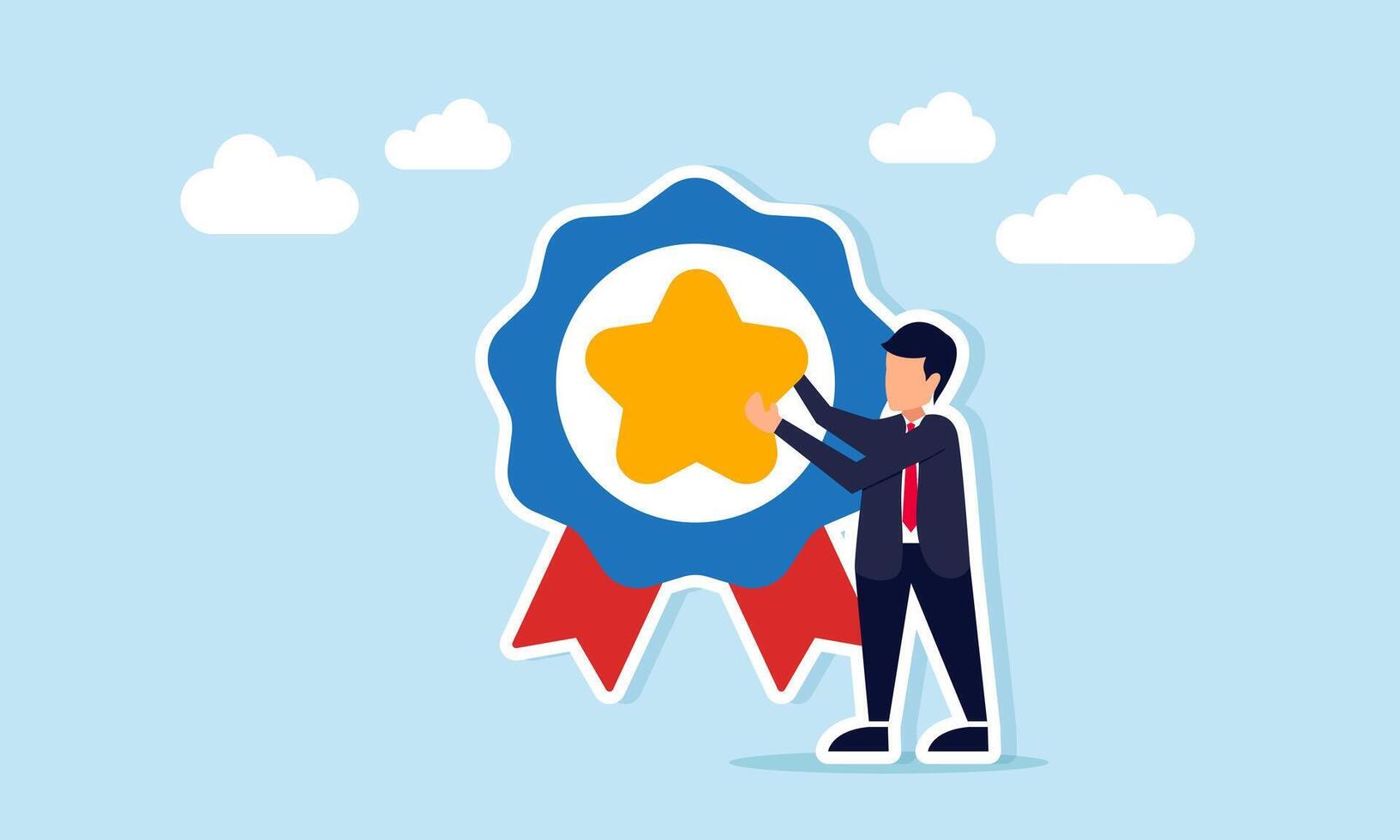 businessman placing star on medal illustration of award for achievement in improving business quality standards vector