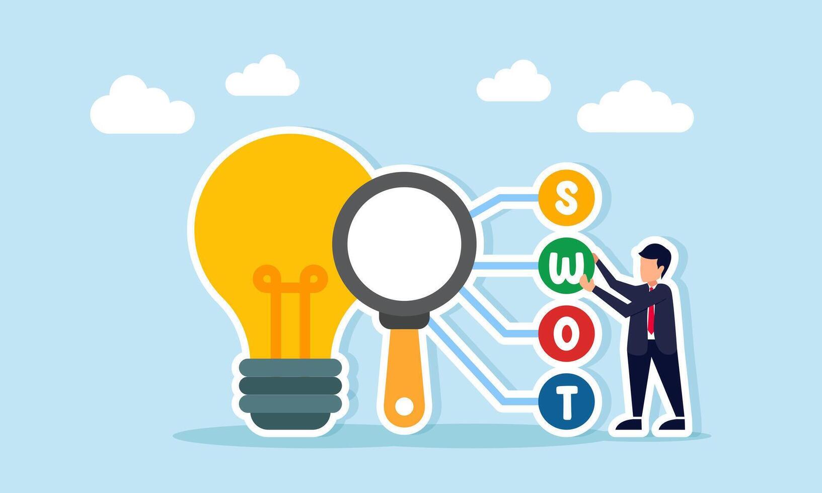 businessman arranging SWOT icons connected to magnifying glass near lamp illustration of research and analysis of business ideas vector