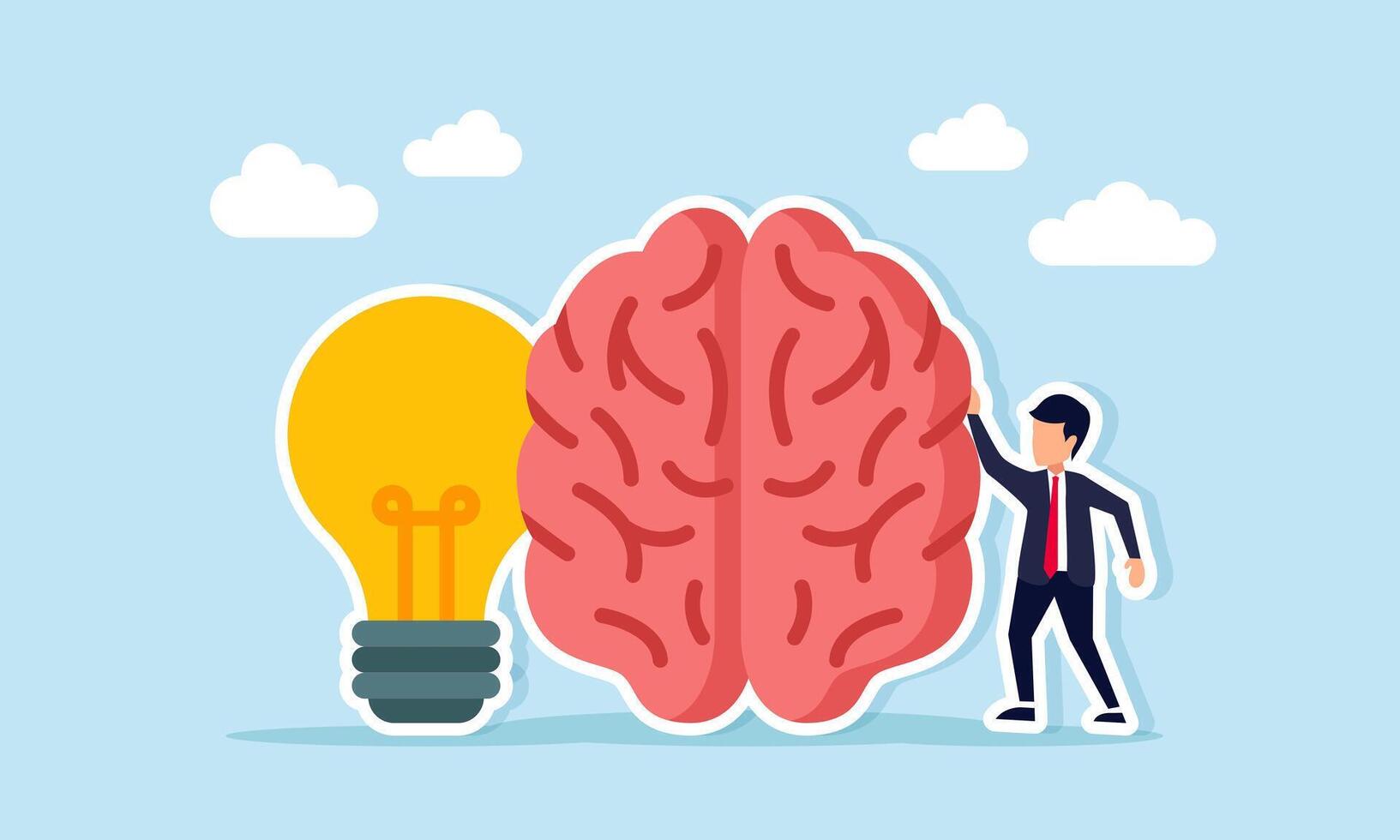 Businessman standing next to brain and light bulb illustration of critical and creative thinking vector