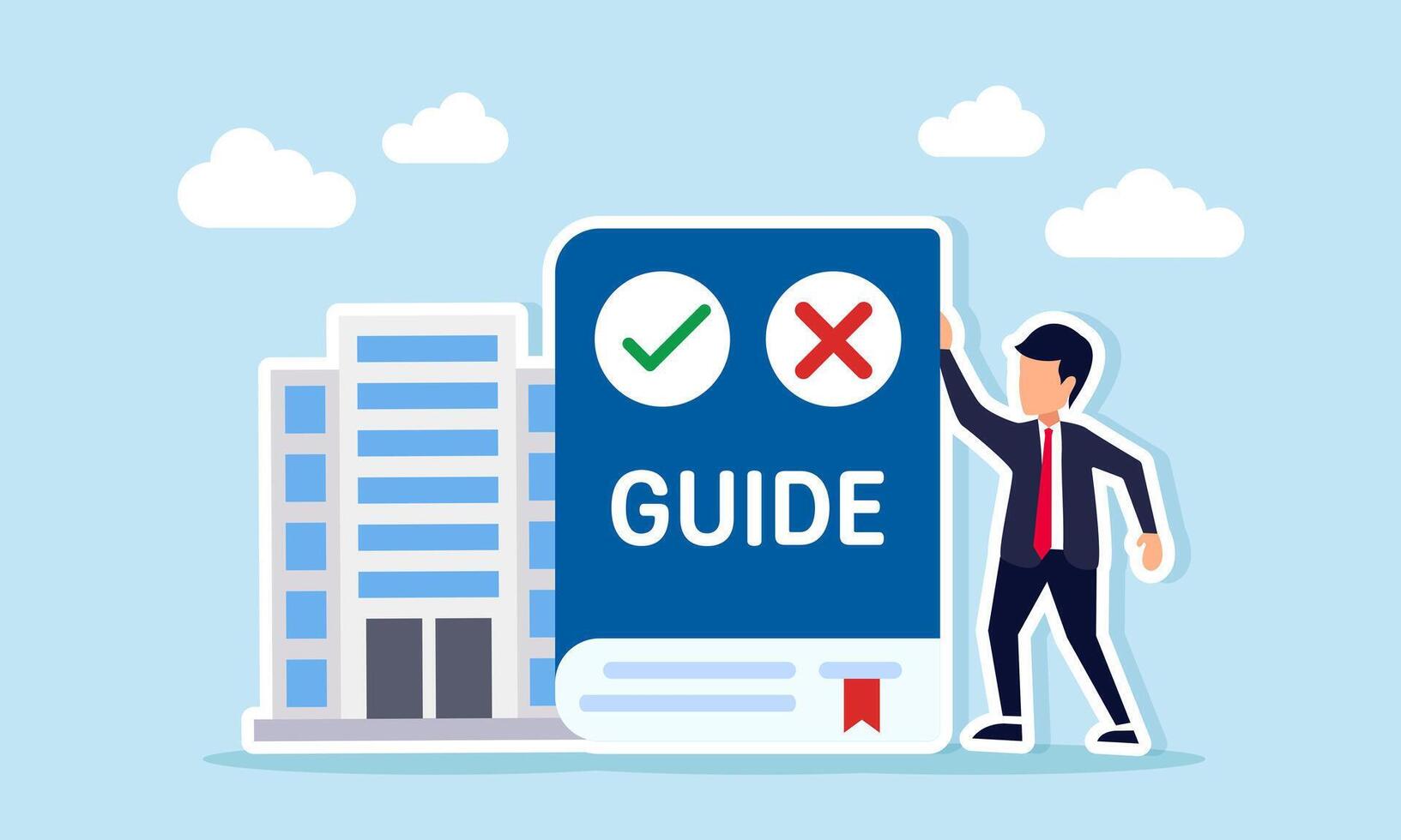 businessman beside guidebook and office building illustration of guidance for running a business vector