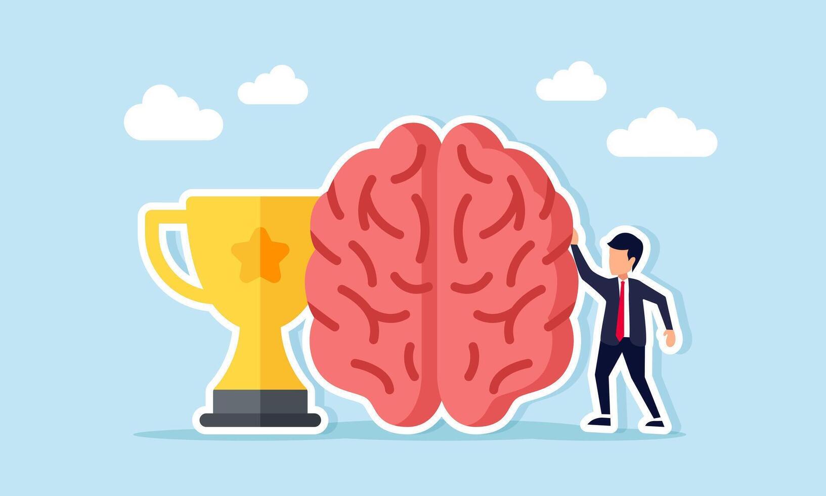 Businessman standing next to brain and trophy illustration of champion mindset or critical and creative thinking vector
