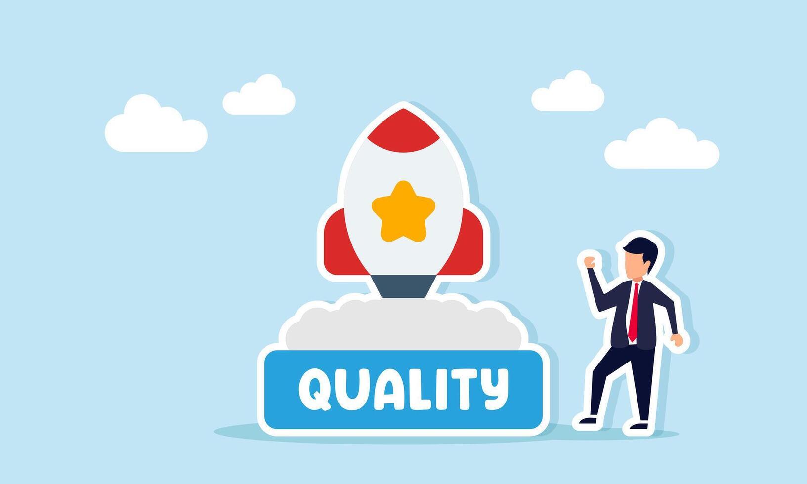 Businessman near rocket launch pad with star symbol and board labeled QUALITY illustration of improving business performance quality standard vector