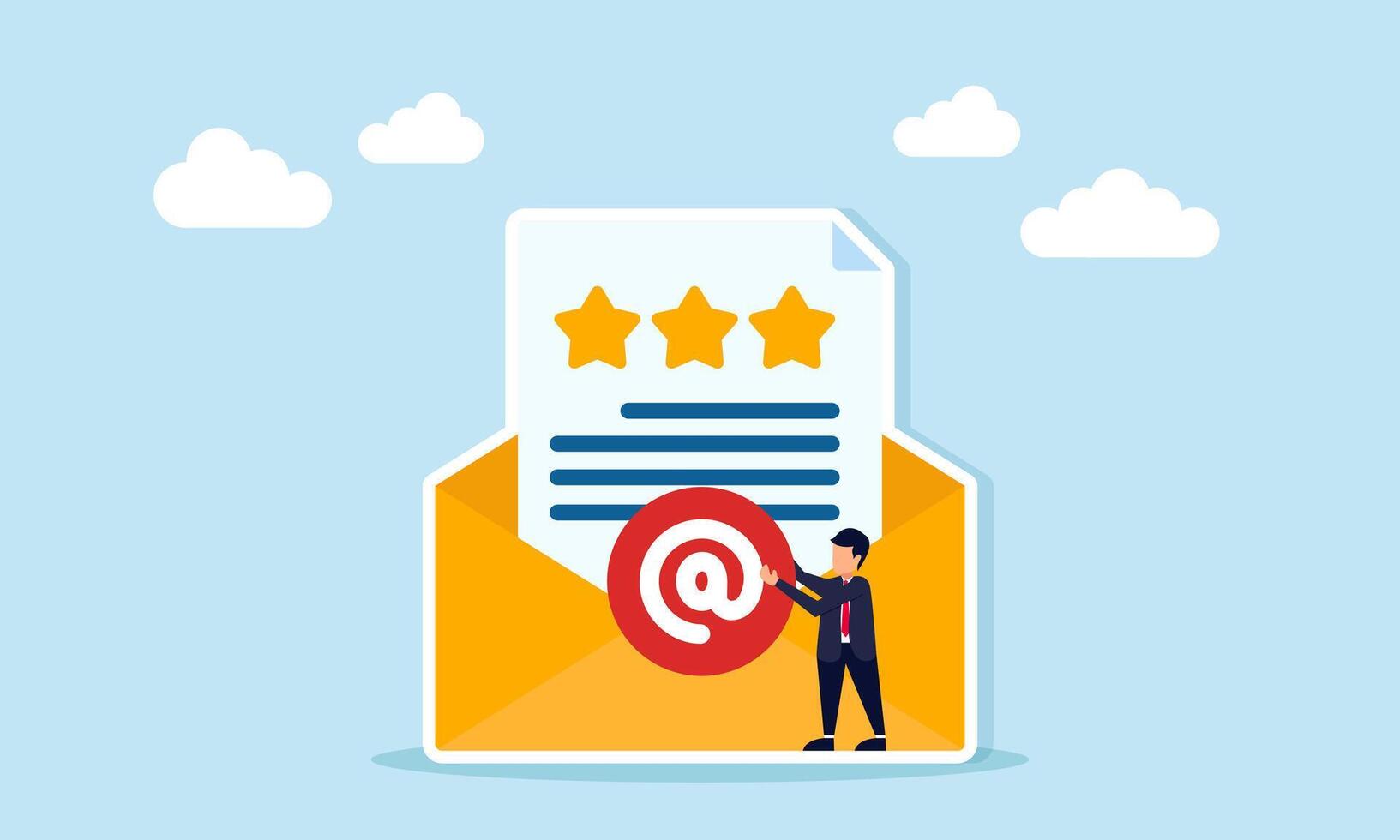 Businessman placing mention symbol on envelope containing document with three stars illustration of report verification and validation of business quality standards vector