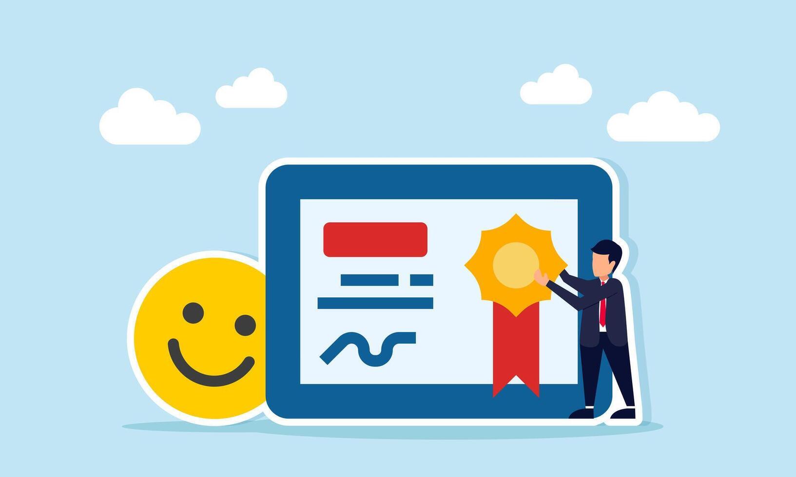 Businessman placing a medal on a certificate next to a happy emoticon illustration of success in attracting positive market attention vector