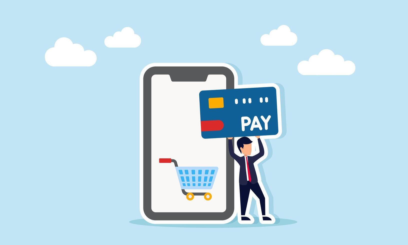 Businessman holding and lifting credit or debit card near smartphone displaying shopping cart illustration of digital online payment system vector
