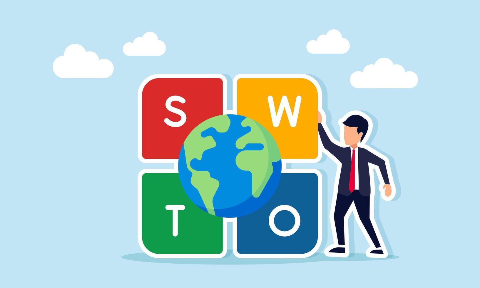Businessman beside SWOT puzzle with globe illustration of analyzing Strength Weakness Opportunities and Threats related to global business competitors vector