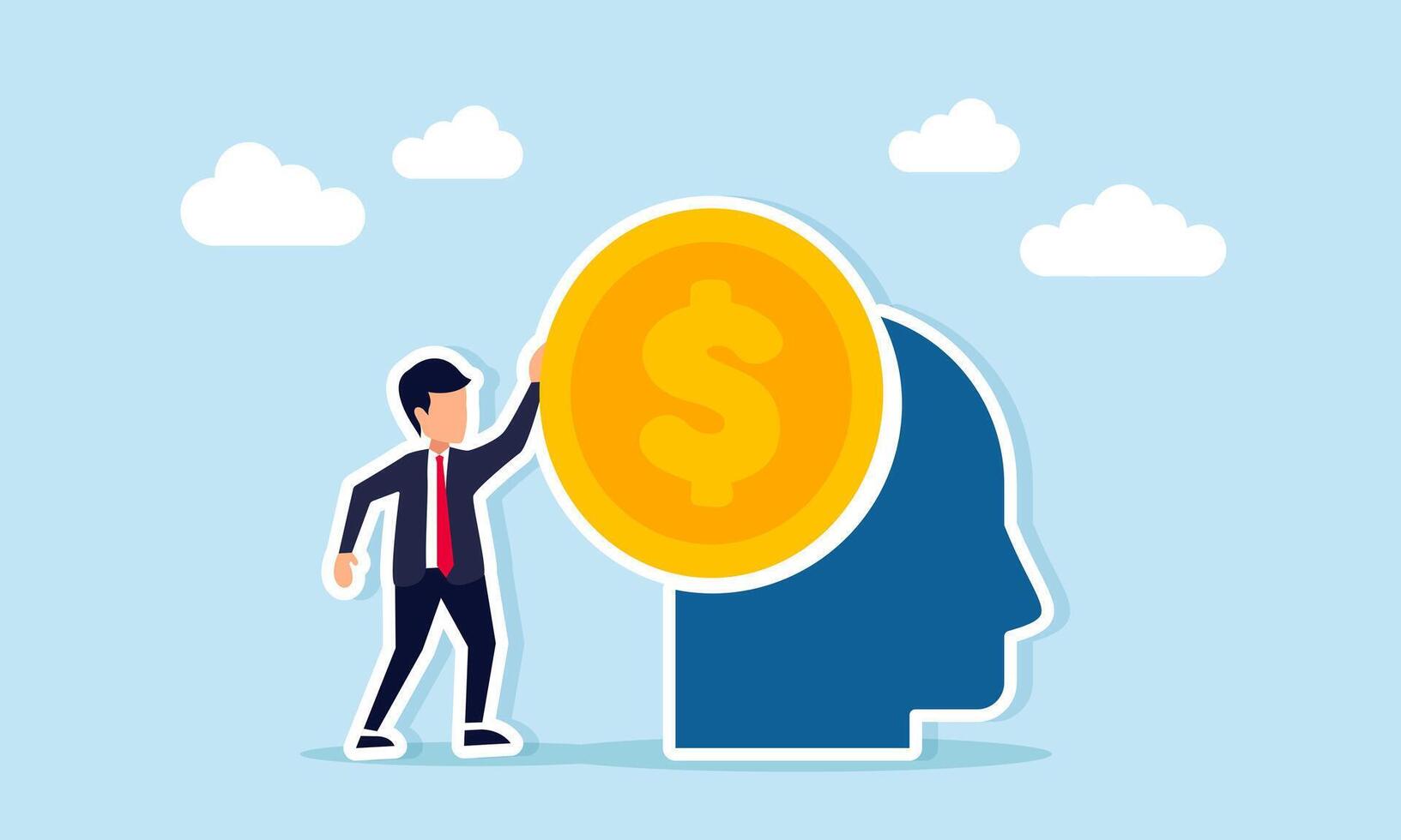 Businessman placing dollar coin on statue head illustration of research evaluation and analysis related to business financial management strategy vector