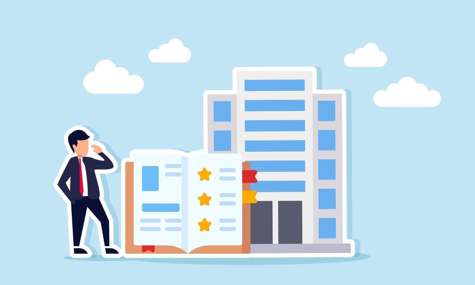 Businessman observing book with star symbol near office building illustration of studying guidelines for improving business company quality standards vector