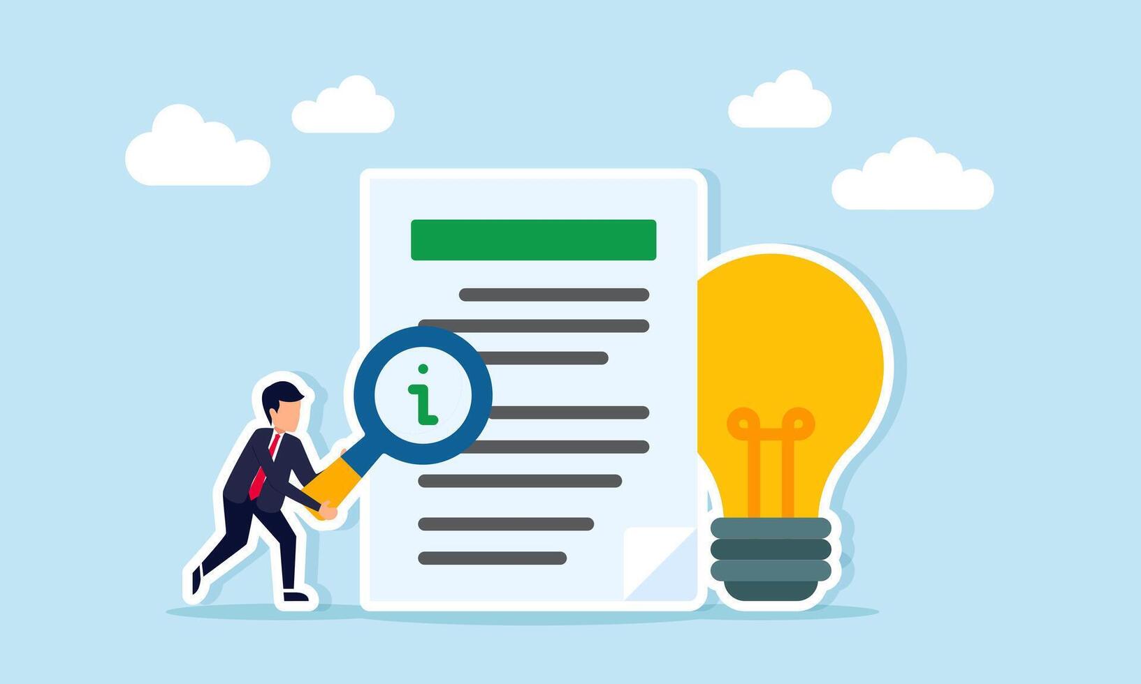 Businessman holding magnifying glass with letter I observing document next to light bulb illustration of studying information guide for business idea implementation vector