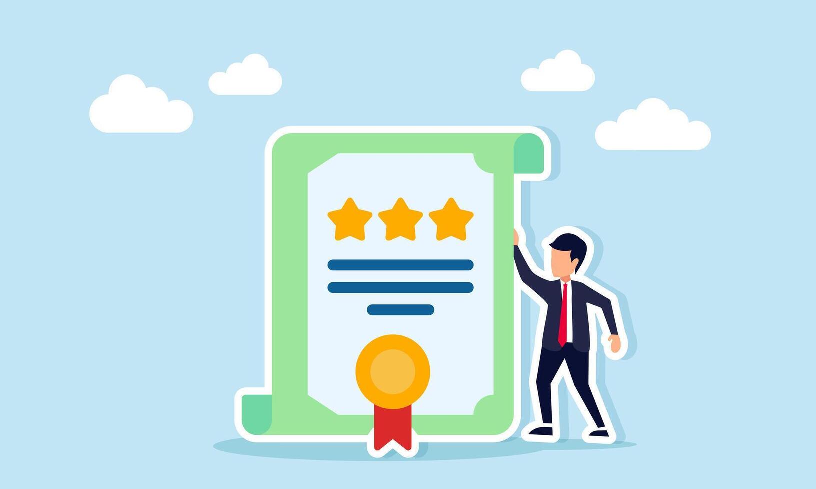 Businessman standing next to certificate with three stars illustration of success in obtaining validation and verification of business quality standards vector