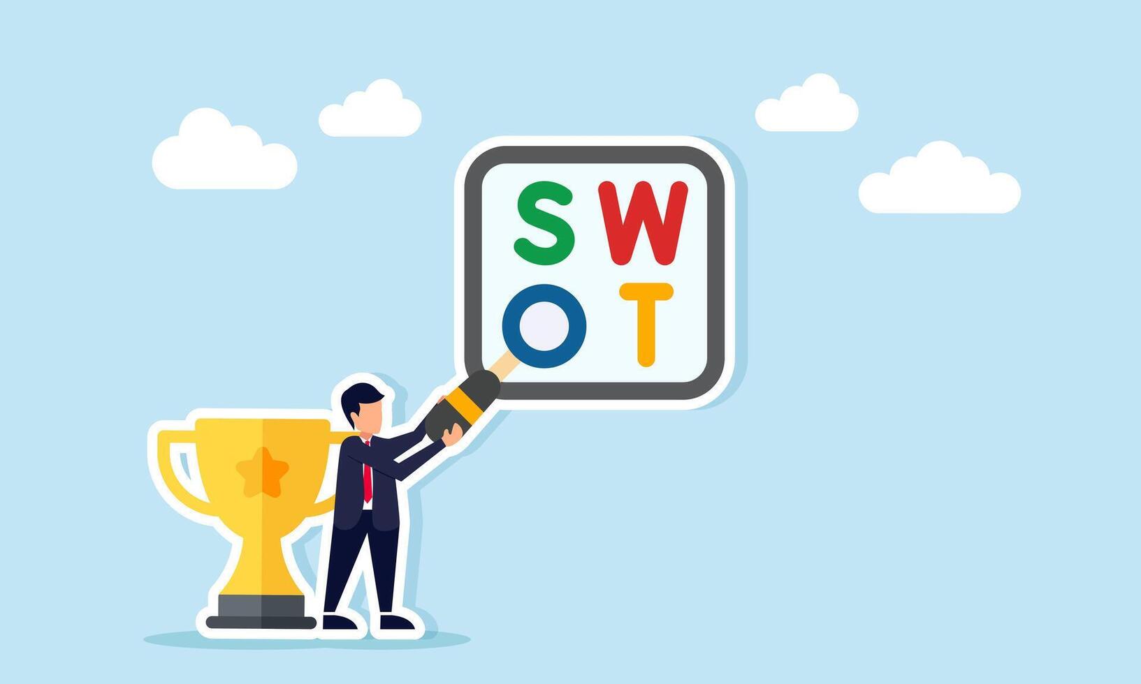 businessman near trophy arranging SWOT letters with magnifying glass as the letter O illustration of research and analysis as a leading business company vector