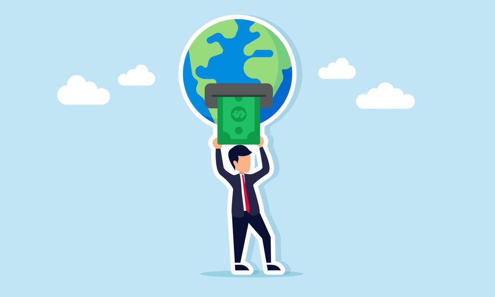 Businessman withdrawing money from Earth shaped like an ATM illustration of business exploiting natural resources of the planet vector
