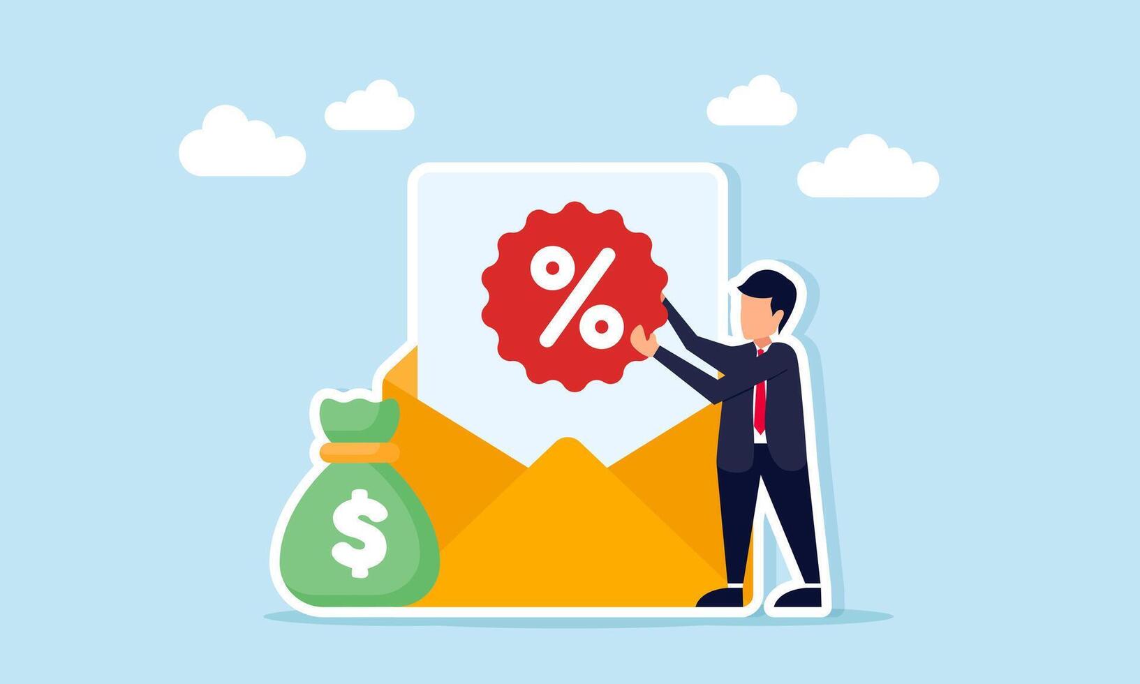 Businessman placing percent or discount icon on document paper inside envelope near money bag illustration of business sales strategy using discount to boost sales vector