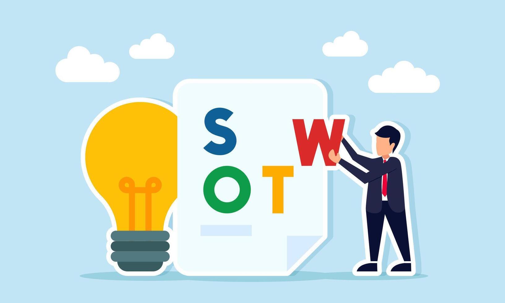 businessman arranging SWOT text on a paper near a trophy illustration of research and analysis of business ideas vector