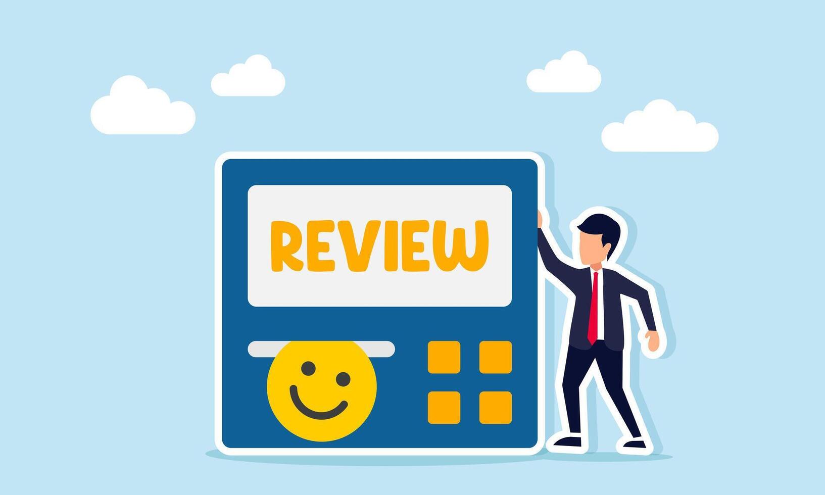 Businessman standing next to a machine labeled review with happy emoticon coming out illustration of receiving positive response and attention from the market vector
