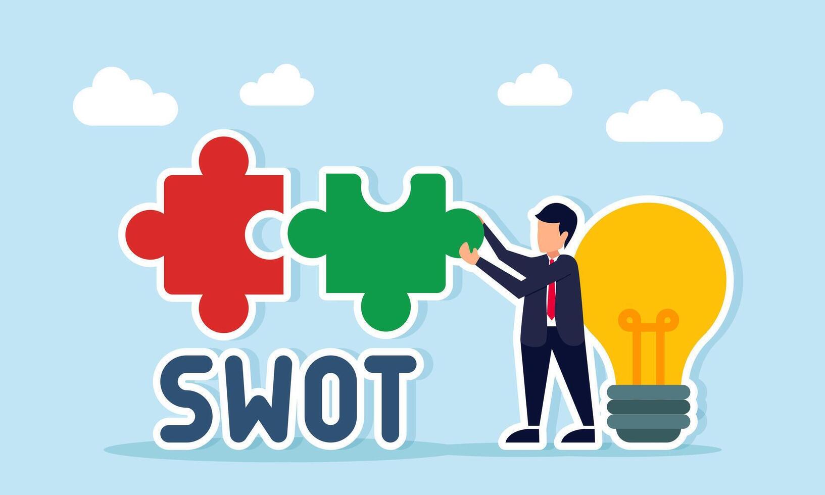 businessman near lamp assembling puzzle with SWOT text illustration of business problem solving through business innovation vector