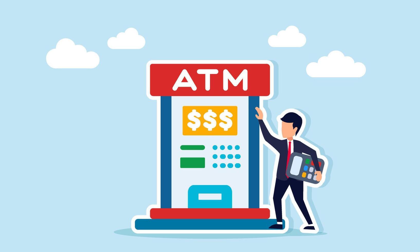 Businessman near ATM machine holding calculator illustration of calculating business financial income and expenses vector