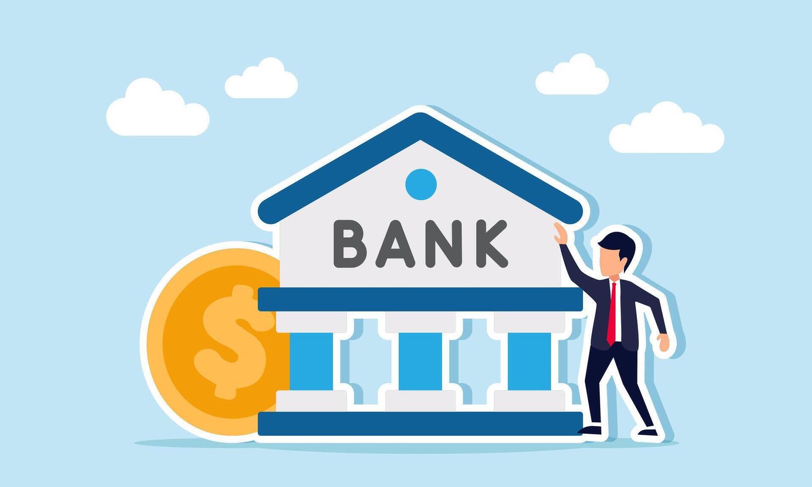 Businessman near dollar coins and bank building illustration of the importance of saving and investment vector