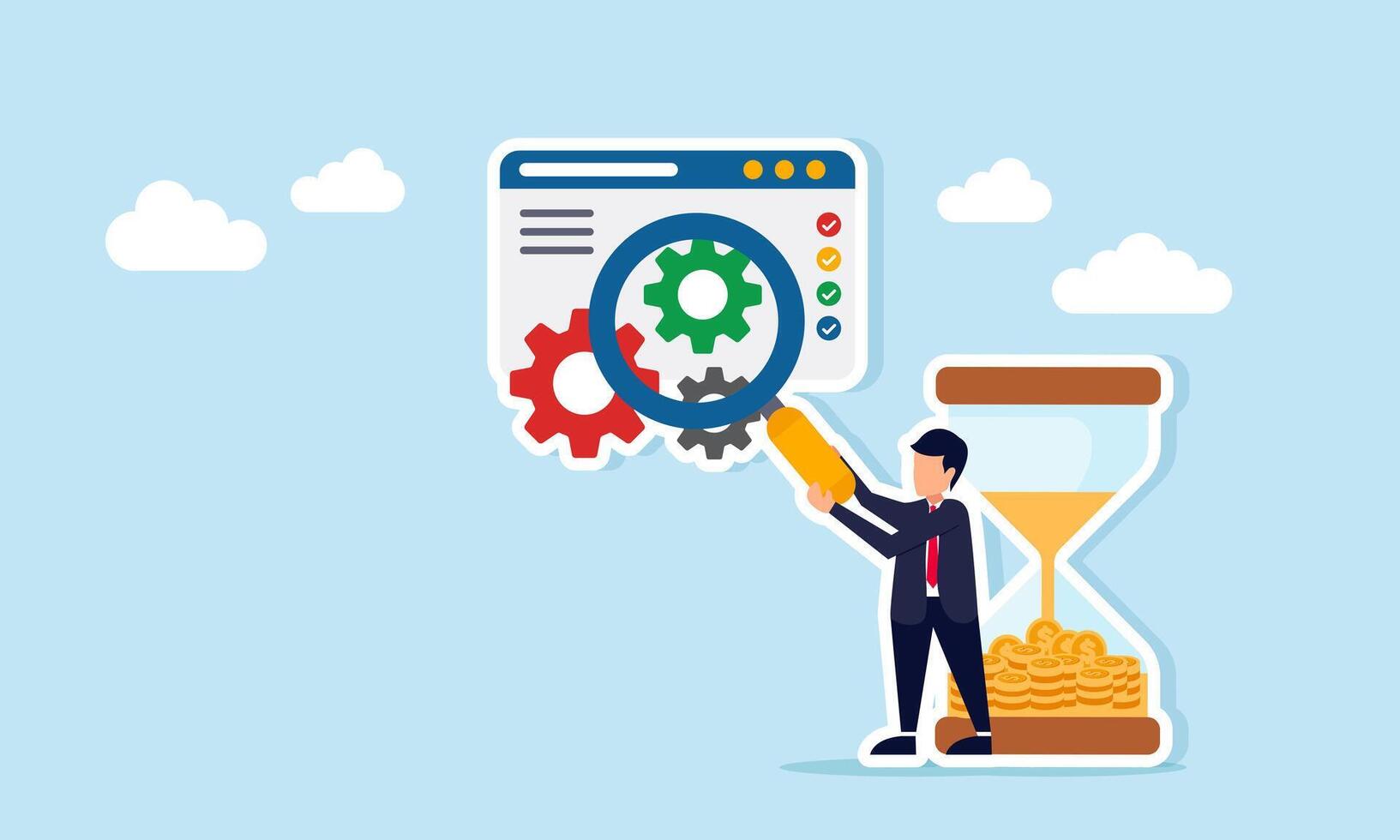 Businessman near hourglass holding magnifying glass to observe application interface with gear illustration of deadline for business system maintenance or improvement vector