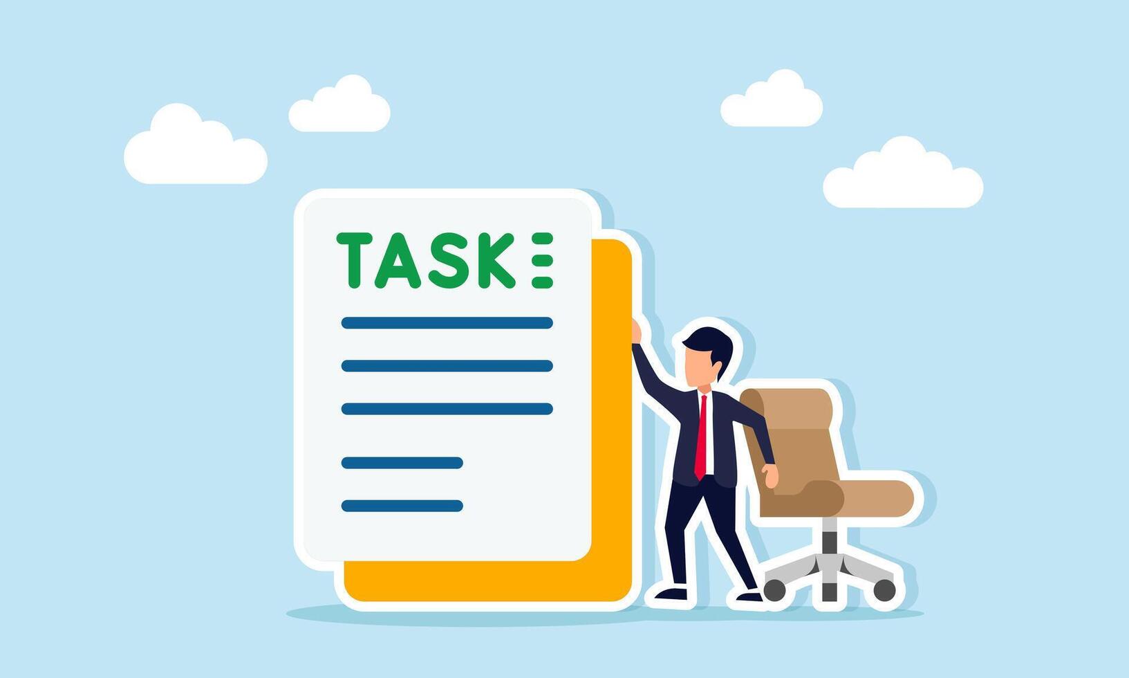 Businessman between office chair and document labeled TASK illustration of executing business task or completing work assignment vector
