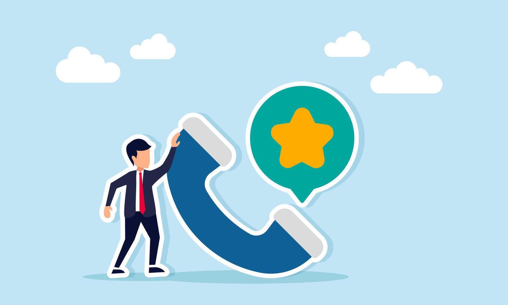 Businessman near telephone receiver with chat dialog showing star icon illustration of suggestions for improving business quality standards vector