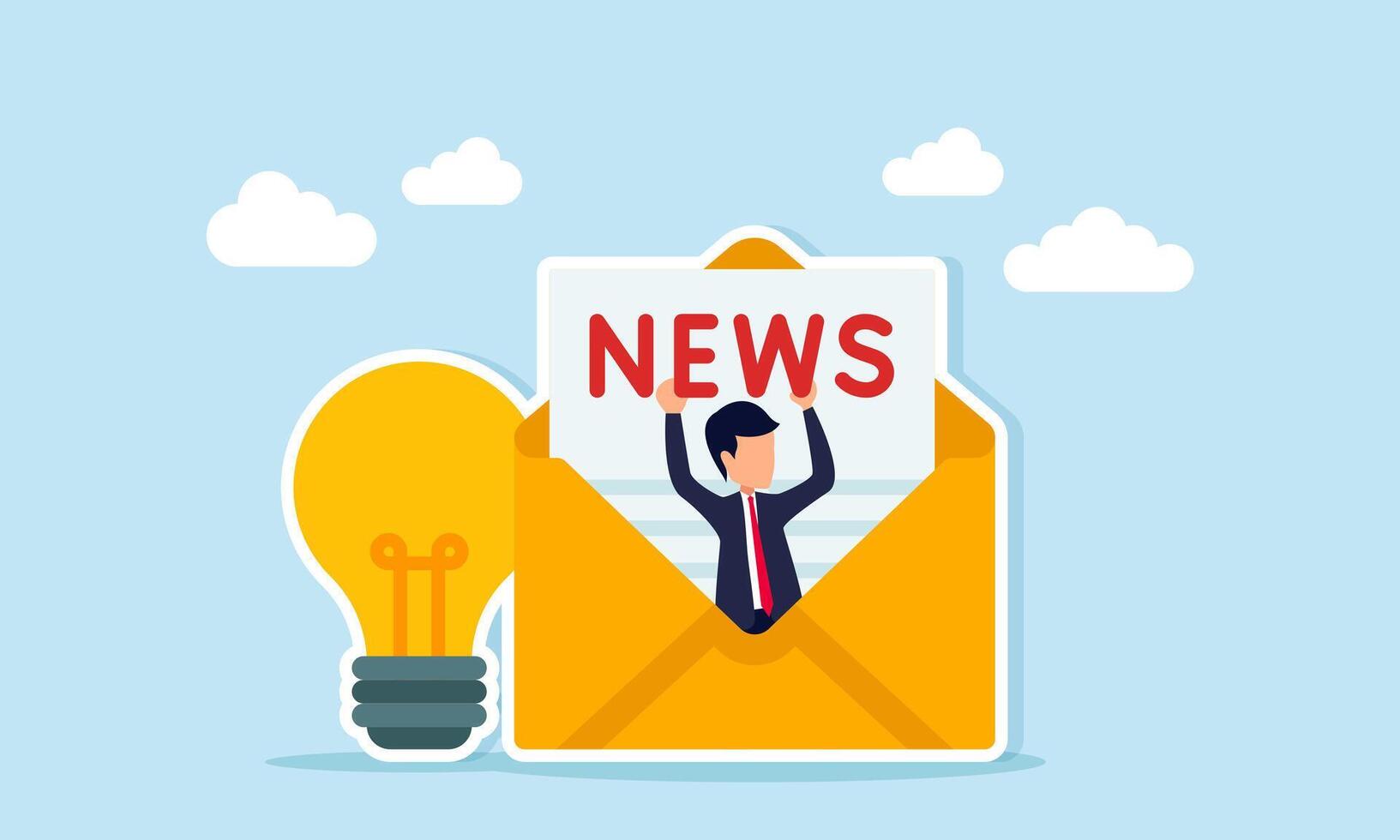 Businessman emerging from envelope near light bulb holding NEWS text illustration of inspirational news related to business idea vector